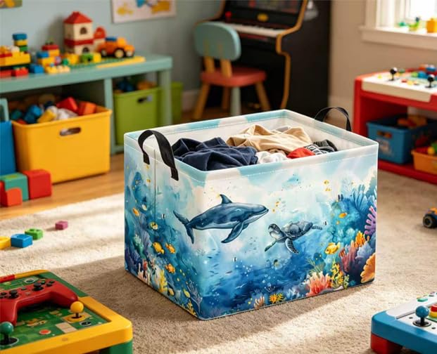 Image of Rectangular Baby Kids Storage Basket for Home Kitchen Girls Cute Toy Storage Bin Organizer Shelf Book Room Decor(Marine Animals)