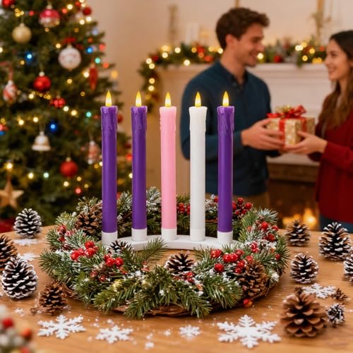Image of Lezonic Flameless Advent Candles Battery Operated with Remote, Set of 5 Wax Christmas Taper Nativity Candles, LED Advent Wreath Candles for Church Home Christian Decor, 3 Purple & 1 Pink & 1 White