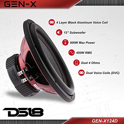 DS18 GEN-X124D Subwoofer in Black - 4 Layer Black Aluminum Voice Coil, 12", 900W Max Power, 450W RMS, Dual 4 Ohms - Powerful Car Audio Bass Speaker (1 Speaker) by DS18 - Image 2