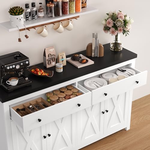 FOTOSOK Sideboard Buffet Cabinet with Storage, 55" Large Kitchen Storage Cabinet with 2 Drawers and 4 Doors, Wood Coffee Bar Cabinets Buffet Table for Kitchen Dining Room, White and Black - Thumbnail 7
