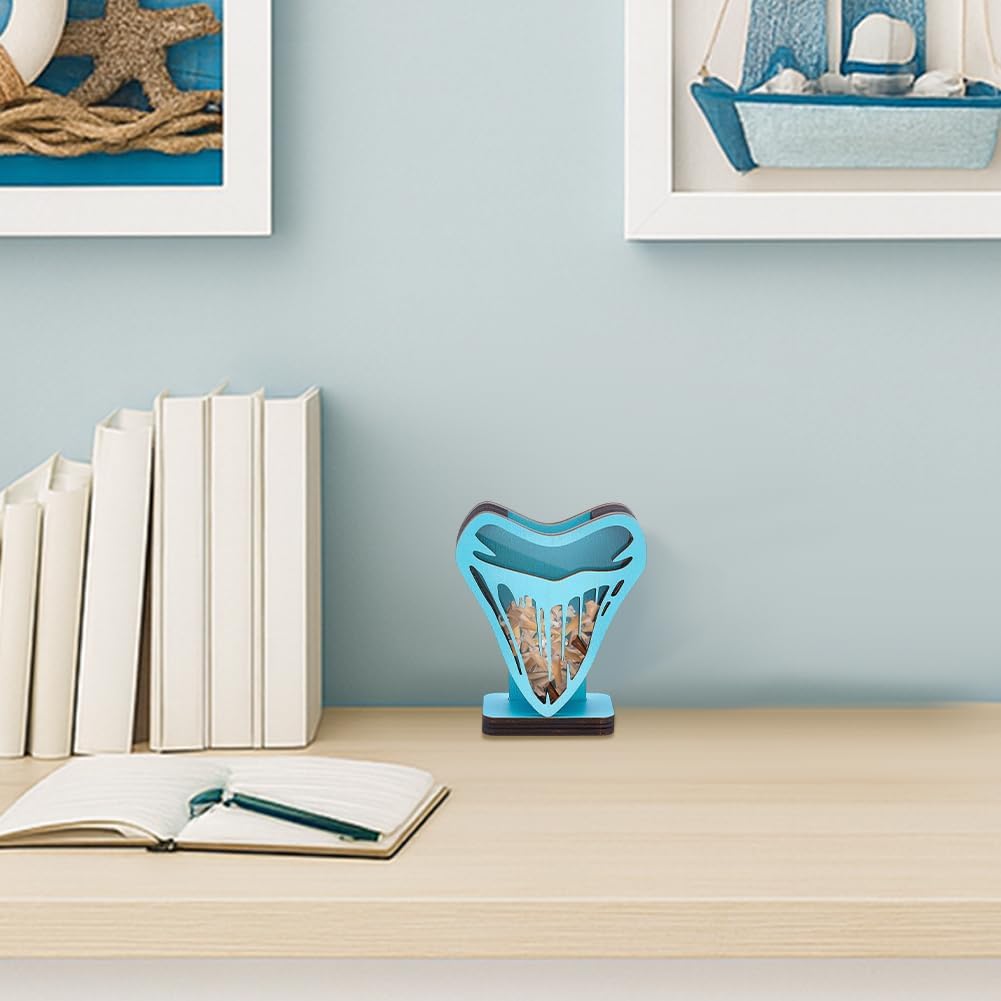 PH PandaHall 3.5 x 4.1 inch Wooden Shark Tooth Display Case Small Blue Shark Teeth Display Box with Clear Window Wooden Shadow Box for Coastal Beach Room Bedroom Home Birthday Gift for Collectors