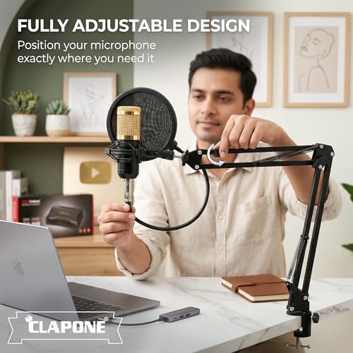 Image of CLAPONE Professional Condenser Microphone Kit with Boom Arm Stand, Pop Filter, Shock Mount, XLR Cable - Studio Recording Mic for YouTube, Podcast, Streaming, Voice Over