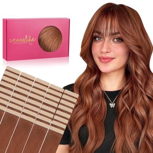 Image of WENNALIFE Tape in Hair Extensions Human Hair, 40pcs 60g 10 inch Cinnamon Copper Hair Extensions Real Human Hair Straight Tape in Extensions Invisible Human Hair Extensions Reusable Real Hair Extens