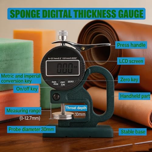 Calibrador digital de espesores para esponjas 0-12,7 mm, con disco de medición ampliado para evitar compresión, diámetro de sonda 30 mm, para colchones de espuma y cuero miniatura 5