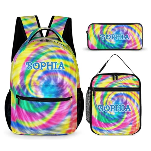Watercolor Tie Dye Custom Backpack Set 3 Personalized Add Your Name School Bag with Lunch Bag Pencil Case Customized Backpack for Kids Girls Boys