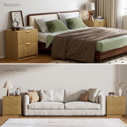 Image of Furniway Nightstands Set of 2, Fluted Nightstand with Gold Metal Handles and 2 Drawers, Modern Bedside Table, 18.5 inch Wide Wood End Table for Bedroom, Natural