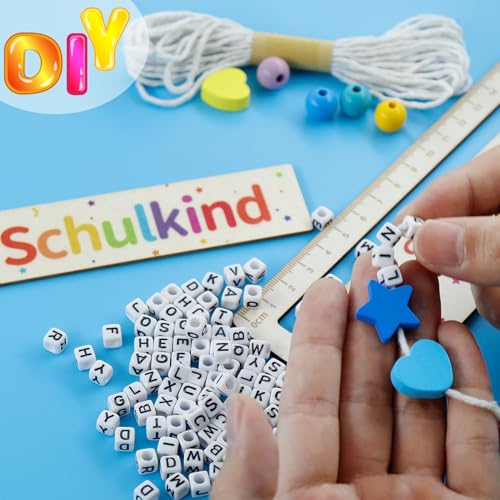 Lineal zur Einschulung 2025,2 Set Lesezeichen Schulkind Holz,Lesezeichen mit A-Z Buchstaben Holzperlen DIY,Personalisiertes Lesehilfe,Schulanfang Geschenk für Jungen und Mädchen