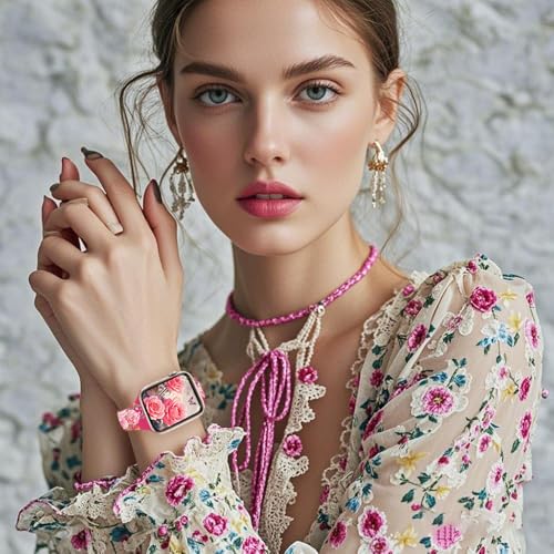 Image of Sport Band Floral Printed Compatible with Apple Watch Bands 49mm 46mm 45mm 44mm 42mm 41mm 40mm 38mm Women, Silicone Flower Printed Fadeless Pattern Design Strap for iWatch Series10 9 8 7 6 5 4 3 2 1SE