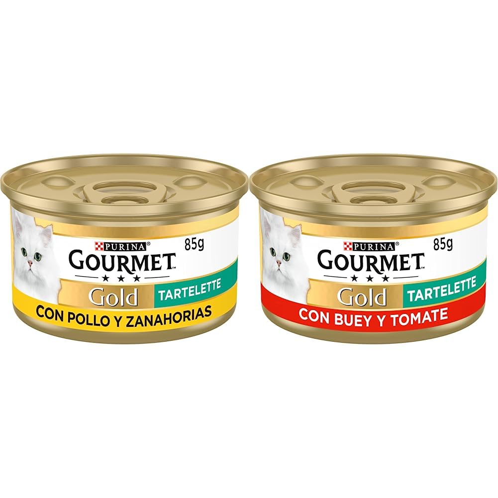 Purina Gourmet Gold Tartalette, Comida Húmeda para Gato con Pollo y Zanahoria, 24 latas de 85g & Purina Gold Tartalette, Comida Húmeda para Gato con Buey y Tomate, 24 latas de 85g