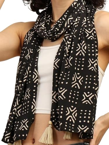 Image of KE KANHA EXPORTS Scarf for Women Boho | Border Print Stylish | Stole for Women Breathable Summer Beach Wrap with Tassels | Multicolour |180 x 50 cm FREE Scrunchie Included