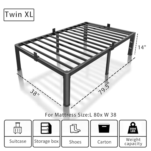 ROIL 14 inch Twin XL Bed Frames with Headboard Hole and Round Corner Legs Mattress Retainers 3500LBS Heavy Duty Steel Slats No Box Spring Needed Platform Noise-Free Underneath Storage