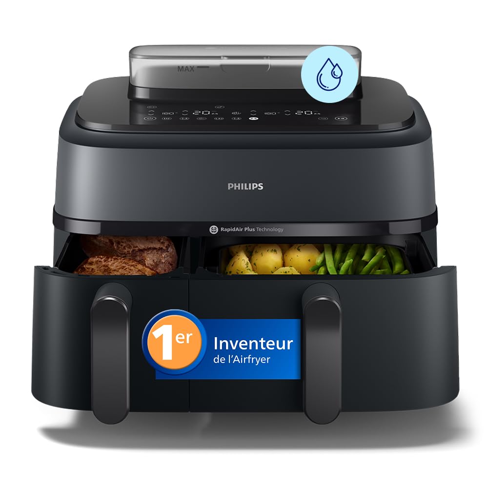 Philips Airfryer Série 5000 - Air Fryer double panier avec cuisson vapeur, 9L, RapidAir, 19 modes de cuisson, jusqu'à 90% de matières grasses en moins, AirSteam, nettoyage vapeur, HomeID (NA550/00)