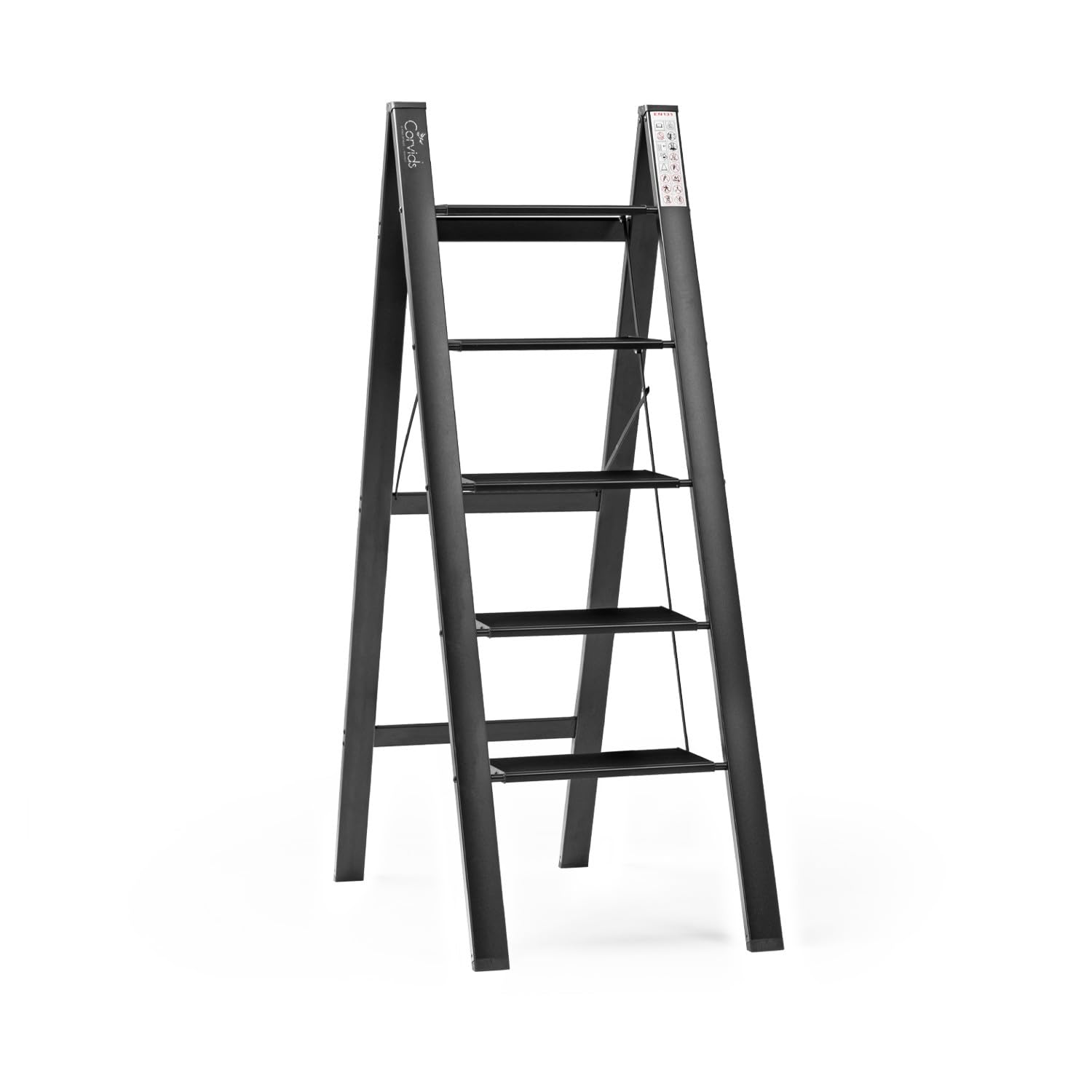 corvids 5-step premium folding step stool | 2-year warranty | wide anti-slip pedal, portable lightweight aluminum step ladder for home and office use (black)