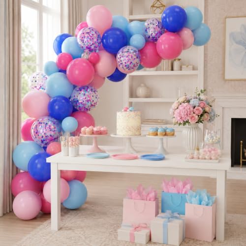 Image of Pink and Blue Balloons, 60pcs 12 Inch Royal Light Blue Hot Pink Confetti Birthday Balloons for Girl Fun Theme Birthday Beach Party Supplies Baby Shower Party Decorations