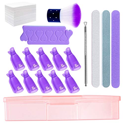 krofaue Nail Polish Gel Remover Tools Set Kit - Nail Clips, Nail File, Cotton Pads, Finger Separators, Triangle Cuticle Peeler Scraper, Nail Brush Remove Dust Powder and Storage for Removing Gel Pol