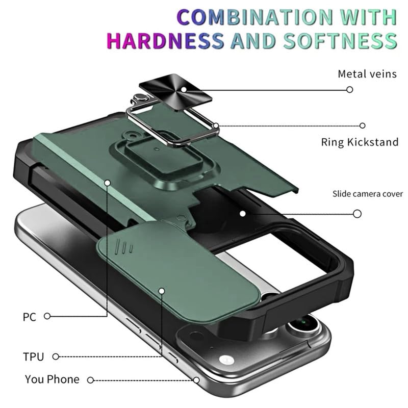 Image of LuxuryKase Shockproof Armor Case for iPhone 17 Pro | Slide Camera Cover | Hidden Card Slot | Rotating Ring Kickstand | Magnetic Car Mount Support | Military Grade Protection - Green