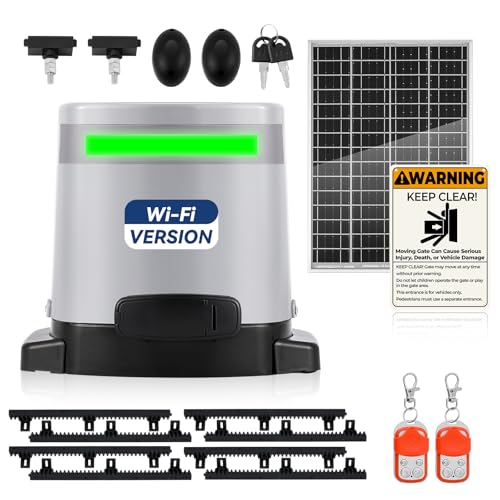1300lbs Solar Sliding Gate Opener, Rack Drive with Built-in Backup Battery, WiFi App Remote Control, 280W DC Motor for Heavy Driveway Slide Gates, IR Sensor for Off-Grid Operation – 40ft