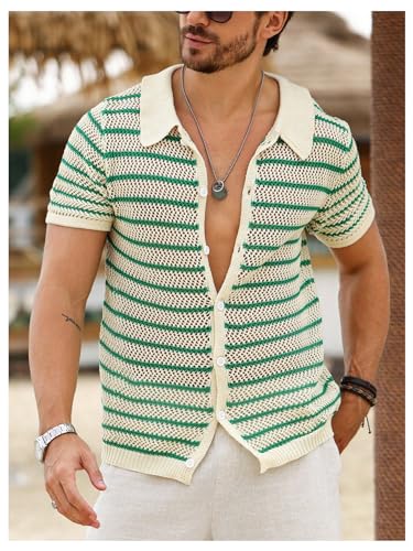 Verdusa Men's Hollow Out Knit Button Down Short Short Sleeve Striped Crochet Cardigan3