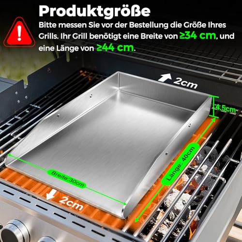 Grillplatte Plancha Geschenke für Männer Frauen, mit 2 Grillspachtel Set, 4mm Dickem Edelstahl BBQ mit Abnehmbar Griffen, für Gasgrill und Holzkohlegrill 40 x 30 x 4 cm, 3