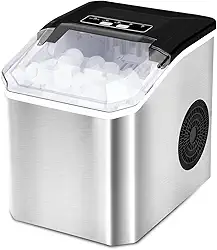 Maquina de Gelo Portatil Prata, 220V, 15Kg, e a Máquina de Gelo em Aço Inoxidável Produz 9 Cubos a Cada 8 Minutos, O Tamanho Dos Cubos de Gelo e Ajustável, Capacidade para Até 70 Cubos de Gelo