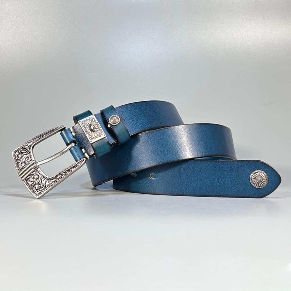 Cintura da Cowboy per Uomo, Cintura in Vera Pelle Western Country Inciso-Fibbia, per Jeans Pantaloni Casual, Fatta A Mano, Design Moda E Classico,Blu,110CM/43.3''