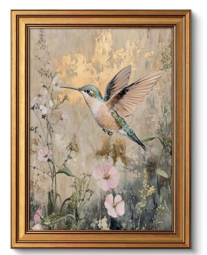 Image of NALEPS Vintage Hummingbird Framed Wall Art, Bird Pictures Wall Decor,12x16 | Vintage Gold Framed Wall Art, Hummingbird Artwork, Hummingbird Picture for Bedroom Living Room Home Decoration