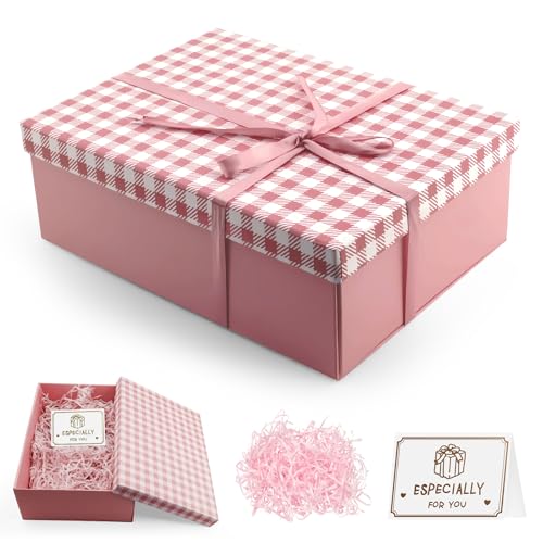 Caja Regalo con Tapa, 25 x 18 x 8.5 CM Plegable Cajas de Regalo, Cajas Regalo Carton con Lazo Cinta Tarjetas de Felicitación Rafia, para Cumpleaños Boda Navidad Aniversarios Fiestas (Rosa)