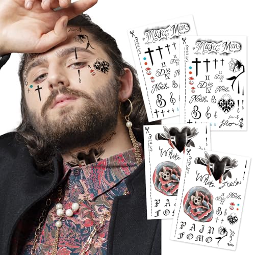 Cosplay Hip-Hop Temporary Face and Body Tattoos,4-Sheet Fake Rapper-Inspired Tattoo for Men Women...