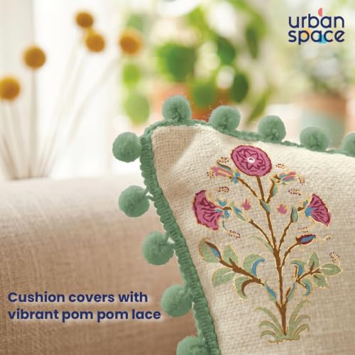 Image of Urban Space Cotton Cushion Cover Set of 5, 16 x 16 Inches, Decorative Throw Pillow Covers with Pom Pom, Printed Sofa Cushion Covers for Living Room, Home Decor (CC2, 40Cm x 40Cm, Set of 5)