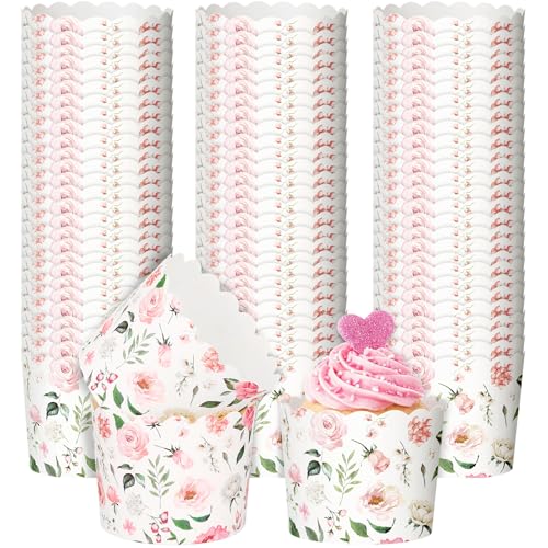 Qinyoung 150 Pcs Pink Floral Cupcake Wrappers Liners Rose Paper Baking Cups Greaseproof Disposable Scalloped Flower Cupcake Muffin Cases for Spring Summer Wedding Baby Shower Birthday Tea Party Decor