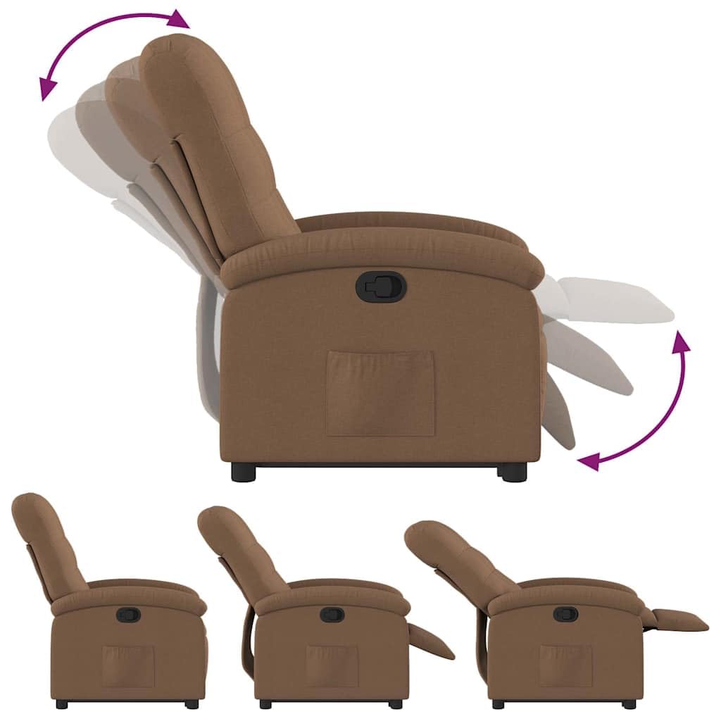 Relaxsessel mit Aufstehhilfe Braun Stoff Polster Sessel mit Elektromotor, verstellbare Rückenlehne und Fußteil, Holz Metall Gestell, komfortabler Lounge Stuhl für Wohnzimmer, Lesen und Ruhe