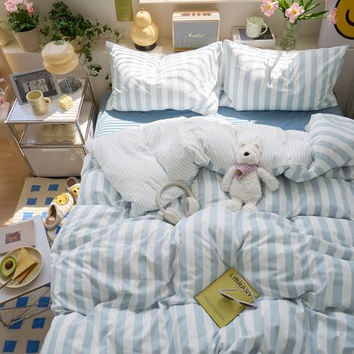 Image of EAVD Retro Blue Striped Duvet Cover Twin Soft Washed Microfiber Reversible Vertical Striped Percale Bedding Set with 2 Pillowcases Farmhouse Geometric Pattern Duvet Cover with Zipper Closure