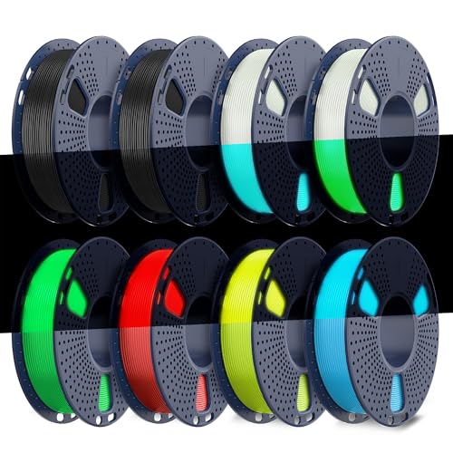 Image of TECBEARS Glow in The Dark Petg Filament，Neatly Wound 3D Printer Filament Bundle，250g /Spool, 8 Packs (2 Spool of Black Petg and 6 Spool of Glowing Blue /Green /Red /Yellow)