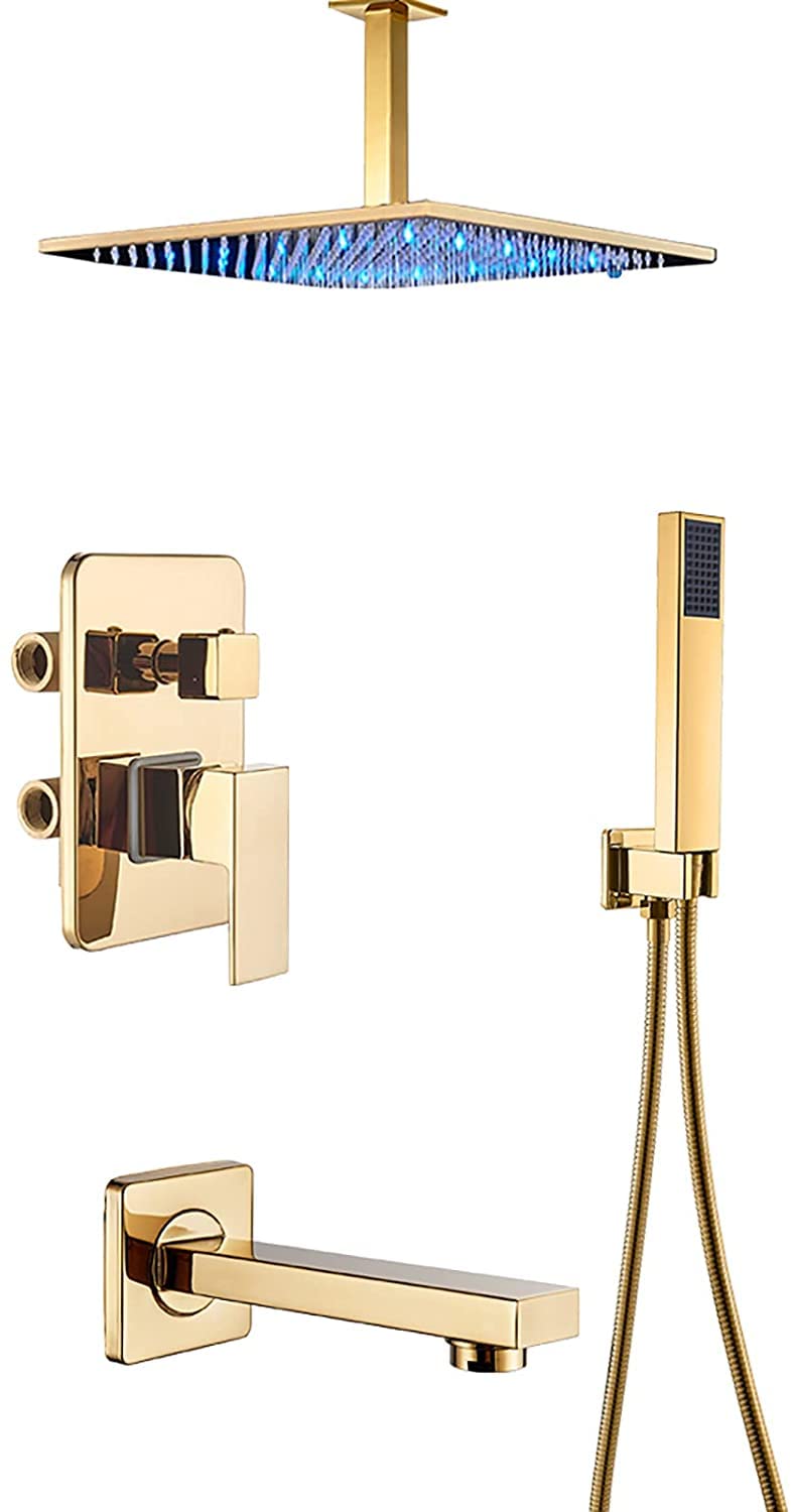OZBMA Shower Set LED System with Tub Spout Square Rainfall Head Handheld Set, Ceiling Installation Golden Faucet Set,16 inches (size_name 12 inches)