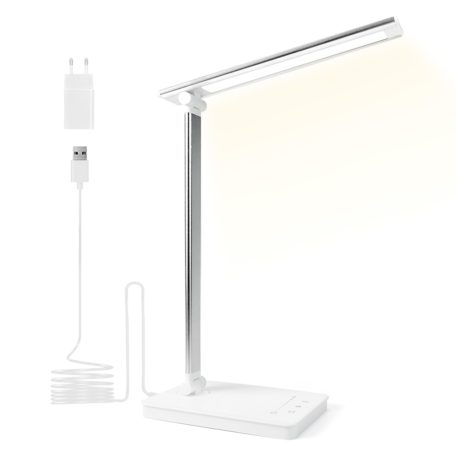 Shuwomart Lámpara de Escritorio-Lámpara de Cabecera LED Regulable，5 Colores y 10 Niveles de Brillo，Protección Ocular de la Lámpara de Luz Diurna con Temporizador de 45Minutos Para Lector，Niños，Oficina