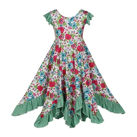 Twirly Skater Girls Dresses for Holiday Party, Kids A Line Cotton Fancy Flowy Elegant School Dress Christmas (Green Floral, 7 Years) Cover
