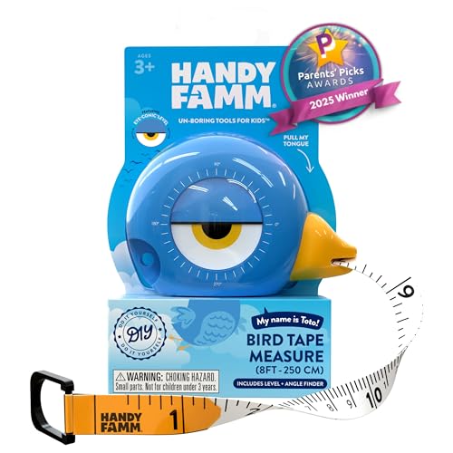 Handy Famm Kids Tape Measure 8ft Blue Bird Retractable Measuring Tape with Level & Protractor STEM Montessori Tool Toddler Safe Gift for Boys & Girls Ages 3+