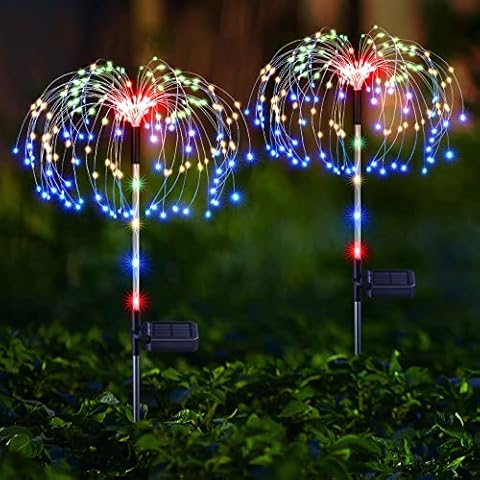 KOOPER Solar Lights Outdoor Garden, 2 Pack Firework Solar Garden Lights with 125 Colorful Fairy LED and Decorative Glowing Stakes, Waterproof Christmas Decorations Outdoor for Garden Pathway Gift Cover
