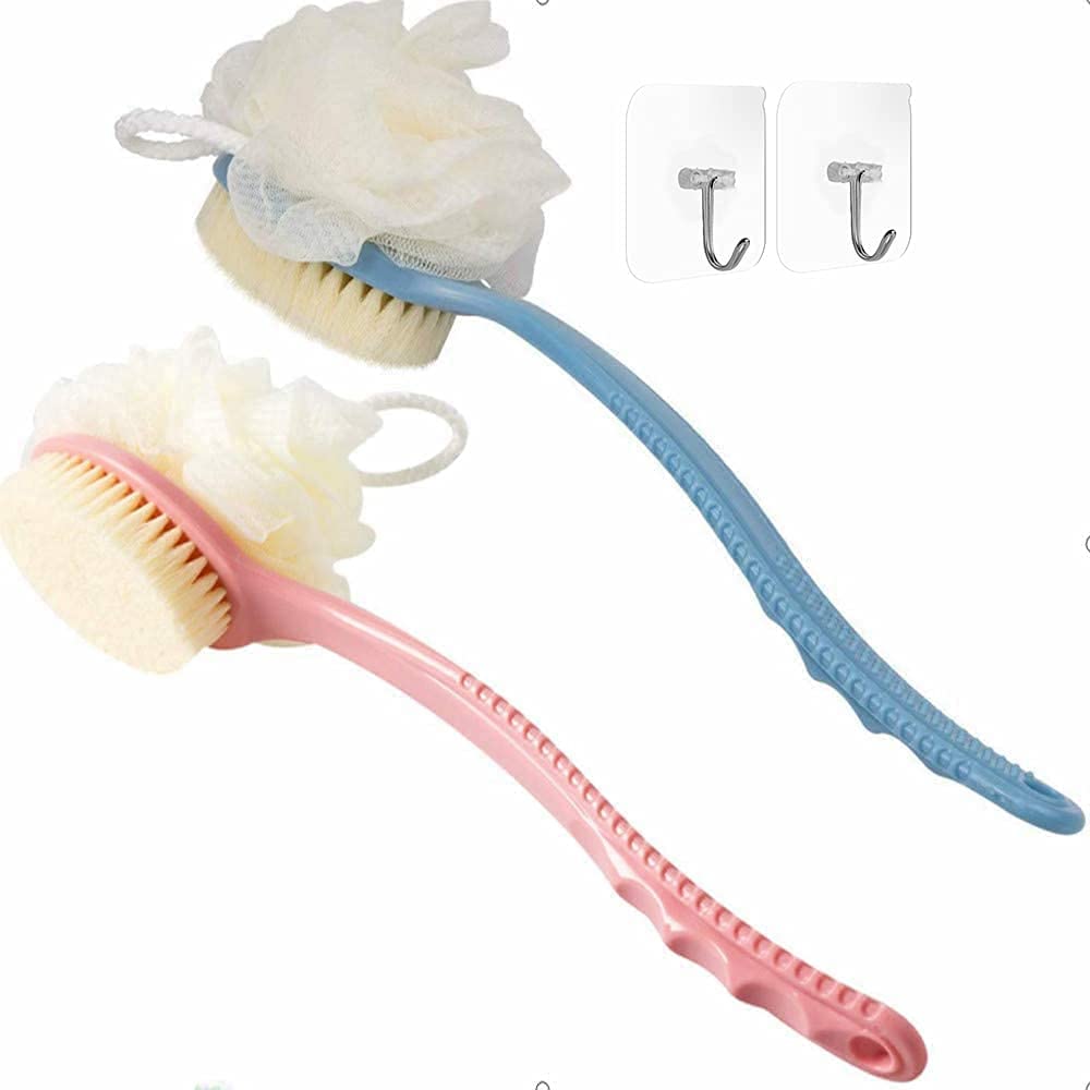 2 Pack Shower Body Brushes with Bristles and Loofah, Back Scrubbers Bath Mesh Sponge with Curved Long Handle for Exfoliating Skin, Massage Bristles Suitable for Wet or Dry, Men and Women (Blue & Pink)