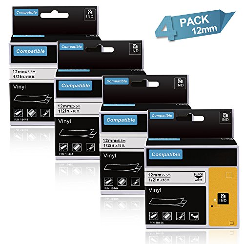 Wonfoucs Ruban pour Étiqueteuse Compatible pour Dymo 18444 Rhino Compatible avec Rhino 1000 3000 4200 5000 5200 6000, 12mmx 5.5m(Pack de 4, Noir sur Blanc)