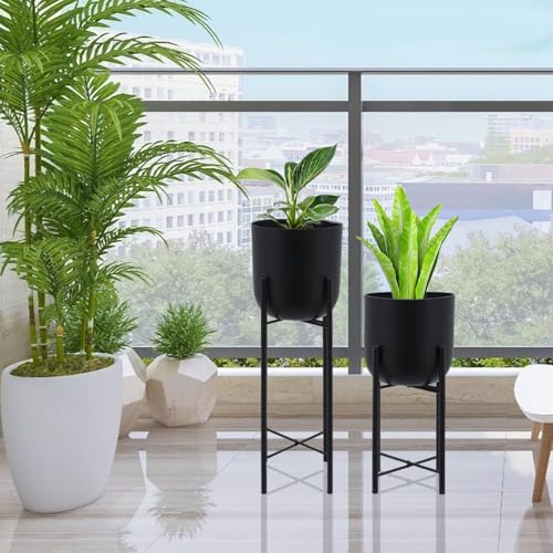 Image of Bee Creative Metal Floor Plant Pot Set of 2 Ideal for Indoor Outdoor Home Decor Round Planter with Metal Plant Stand