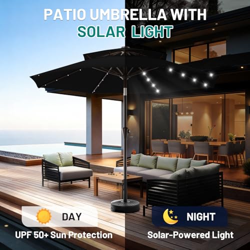 Image of AreShark 9ft 2 Tiers Patio Umbrella with Solar Lights, Outdoor Umbrella w / 32 LED Lights&8 Sturdy Ribs, Table Umbrella for Deck, Backyard, Pool(Black)