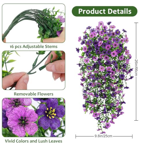 Image of Bassion Artificial Mums for Outdoor, 2 Pcs Fake Fall Hanging Flowers (Double Purple)