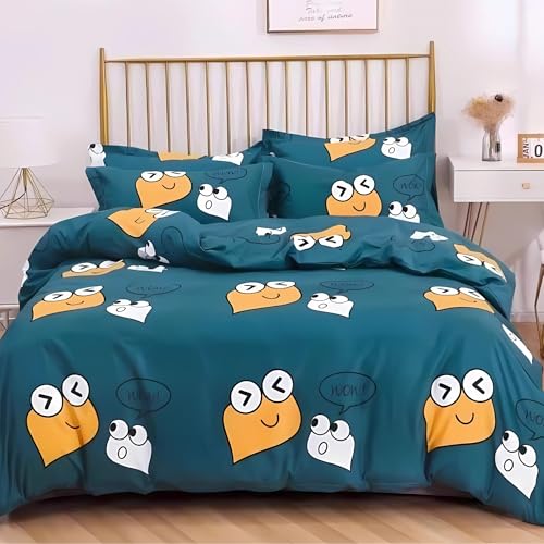 Image of Famyo King Size Bedsheet Set with 2 Pillow Covers, 250 TC Fitted Kids Bedsheet, Comforter & Comforter Cover (5pc Set) -Home Decor, 72x78 inches, Cute Smiles Design