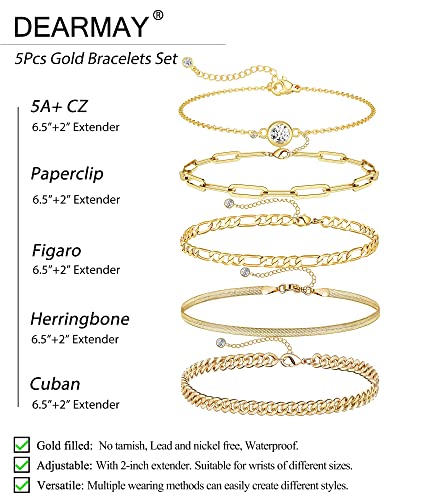 Image of DEARMAY Gold Bracelets for Women Waterproof Stackable Dainty 14K Gold Plated Rope Cuban Snake Paperclip Figaro Link Chain Pack Bracelet Adjustable Non Tarnish Fashion Accessories Jewelry Sets Gifts for Womens Mom