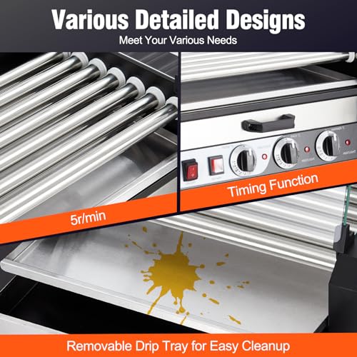 Electric Hot Dog Roller, 7 Rollers Hot Dog Machine, 18 Hot Dogs Capacity, Grill Warmer With Independent Temperature Control, Detachable Glass Hood Cover & Oil Drip Tray, 5-8 Min Quick Cooking