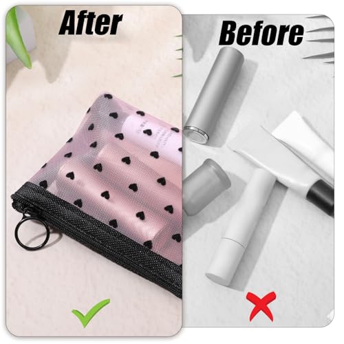 3Pcs Mini Heart Mesh Makeup Bag with Zipper, Mesh Cosmetic Bags Heart Print Zipper Pouch Travel Accessories Storage Small Purse Bag for Women Lipstick Makeup Organizer 3 Colors4