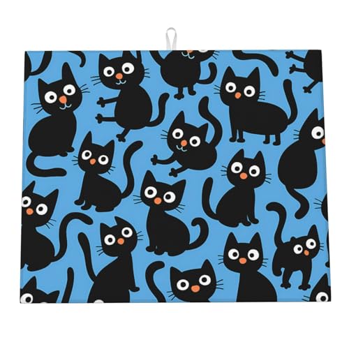 Tappetino Asciuga Piatti Cute Cat Black Blue Tappetini Bancone Cucina Asciugatura Rapida Tappetino Scolastoviglie Per Scolapiatti Cucine Ripiano Per Cucchiai 46X61Cm