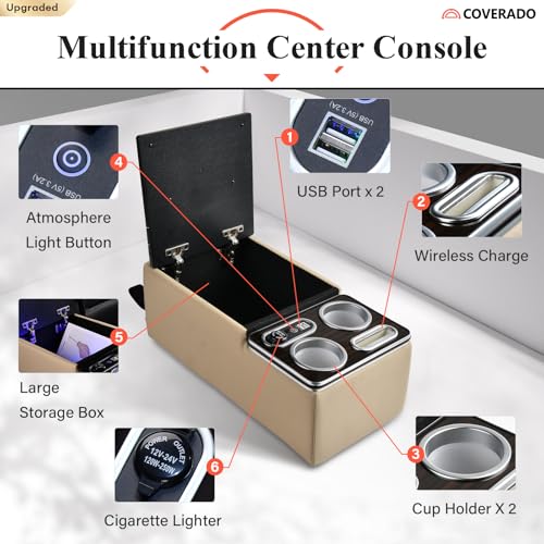 Image of Coverado Car Center Console, Universal Rear Bench Seat Consoles, Back Seat Car Organizer, Seat Organizer with Cup Holder+Phone Holder, Central Armrest Box Back Seat Storage Box (Upgraded, Beige)
