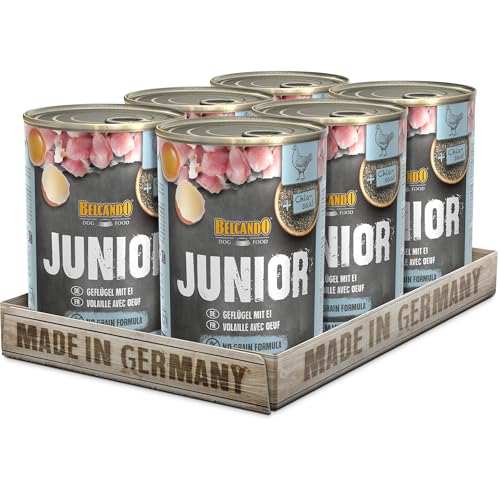 BELCANDO Nassfutter für Hunde, Junior Geflügel mit Ei, 6X 400g Dose, Hundefutter nass, für alle Rassen, Made in Germany